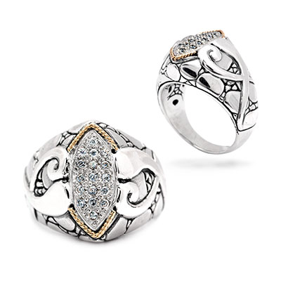 Gold & Silver bracelet, scale dragon chain round 6mm, spring lock with 18K gold hammer motif and white topaz pave stones