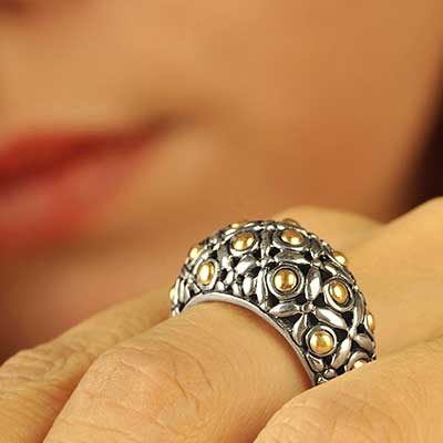 Gold & Silver bracelet, scale dragon chain round 6mm, spring lock with 18K gold hammer motif and white topaz pave stones