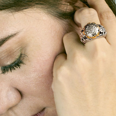 Gold & Silver bracelet, scale dragon chain round 6mm, spring lock with 18K gold hammer motif and white topaz pave stones