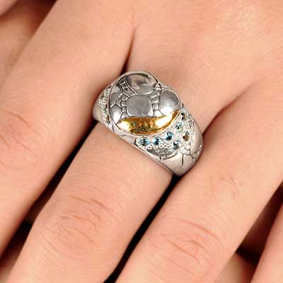 Gold & Silver bracelet, scale dragon chain round 6mm, spring lock with 18K gold hammer motif and white topaz pave stones