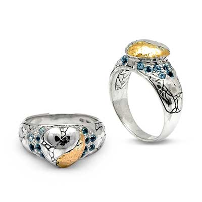 Gold & Silver bracelet, scale dragon chain round 6mm, spring lock with 18K gold hammer motif and white topaz pave stones