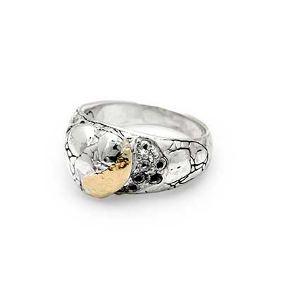 Gold & Silver bracelet, scale dragon chain round 6mm, spring lock with 18K gold hammer motif and white topaz pave stones