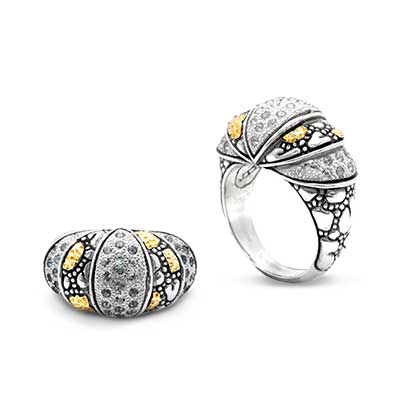 Gold & Silver bracelet, scale dragon chain round 6mm, spring lock with 18K gold hammer motif and white topaz pave stones