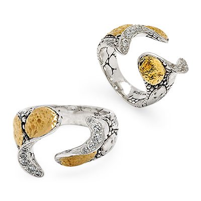 Gold & Silver bracelet, scale dragon chain round 6mm, spring lock with 18K gold hammer motif and white topaz pave stones