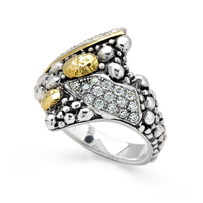 Gold & Silver bracelet, scale dragon chain round 6mm, spring lock with 18K gold hammer motif and white topaz pave stones