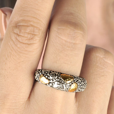 Gold & Silver bracelet, scale dragon chain round 6mm, spring lock with 18K gold hammer motif and white topaz pave stones