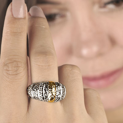 Gold & Silver bracelet, scale dragon chain round 6mm, spring lock with 18K gold hammer motif and white topaz pave stones