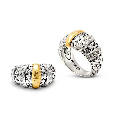 Gold & Silver bracelet, scale dragon chain round 6mm, spring lock with 18K gold hammer motif and white topaz pave stones