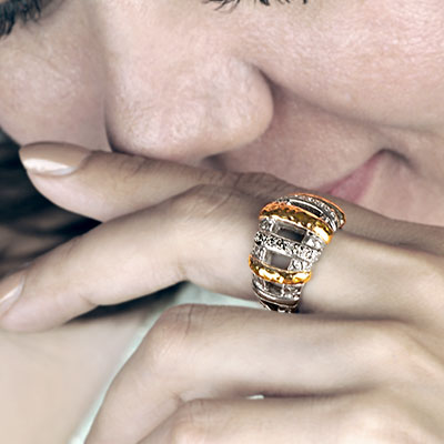 Gold & Silver bracelet, scale dragon chain round 6mm, spring lock with 18K gold hammer motif and white topaz pave stones