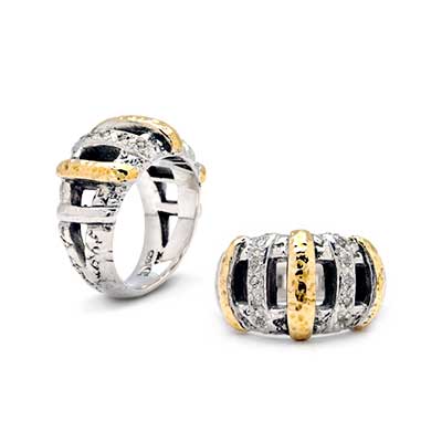 Gold & Silver bracelet, scale dragon chain round 6mm, spring lock with 18K gold hammer motif and white topaz pave stones