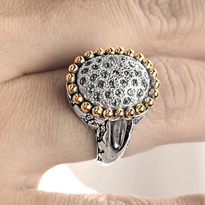 Gold & Silver bracelet, scale dragon chain round 6mm, spring lock with 18K gold hammer motif and white topaz pave stones