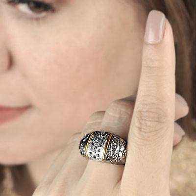 Gold & Silver bracelet, scale dragon chain round 6mm, spring lock with 18K gold hammer motif and white topaz pave stones