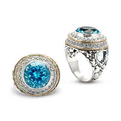 Gold & Silver bracelet, scale dragon chain round 6mm, spring lock with 18K gold hammer motif and white topaz pave stones