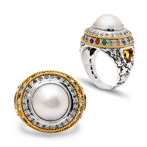 Gold & Silver bracelet, scale dragon chain round 6mm, spring lock with 18K gold hammer motif and white topaz pave stones