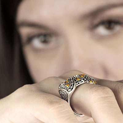 Gold & Silver bracelet, scale dragon chain round 6mm, spring lock with 18K gold hammer motif and white topaz pave stones