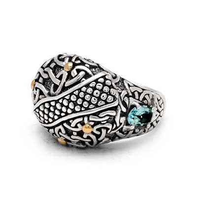 Gold & Silver bracelet, scale dragon chain round 6mm, spring lock with 18K gold hammer motif and white topaz pave stones