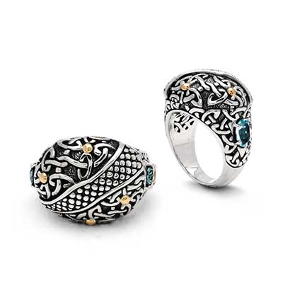 Gold & Silver bracelet, scale dragon chain round 6mm, spring lock with 18K gold hammer motif and white topaz pave stones