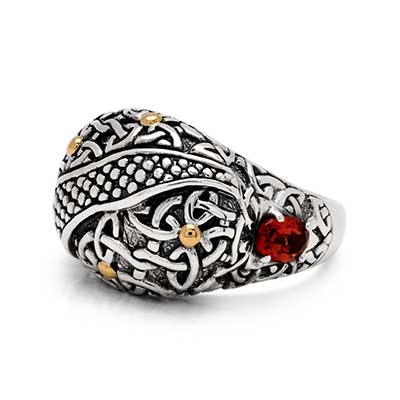 Gold & Silver bracelet, scale dragon chain round 6mm, spring lock with 18K gold hammer motif and white topaz pave stones