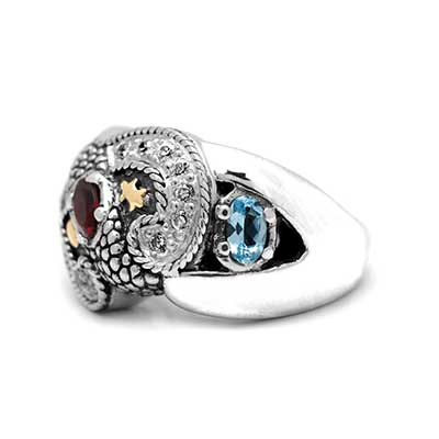 Gold & Silver bracelet, scale dragon chain round 6mm, spring lock with 18K gold hammer motif and white topaz pave stones