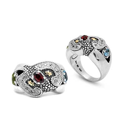 Gold & Silver bracelet, scale dragon chain round 6mm, spring lock with 18K gold hammer motif and white topaz pave stones