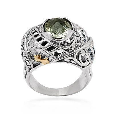 Gold & Silver bracelet, scale dragon chain round 6mm, spring lock with 18K gold hammer motif and white topaz pave stones