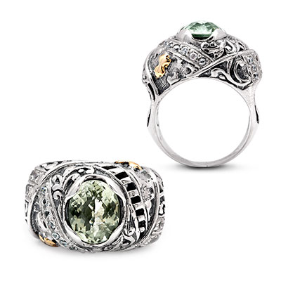 Gold & Silver bracelet, scale dragon chain round 6mm, spring lock with 18K gold hammer motif and white topaz pave stones