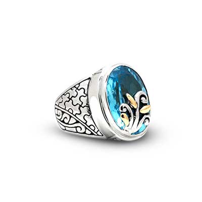 Gold & Silver bracelet, scale dragon chain round 6mm, spring lock with 18K gold hammer motif and white topaz pave stones