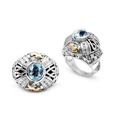 Gold & Silver bracelet, scale dragon chain round 6mm, spring lock with 18K gold hammer motif and white topaz pave stones