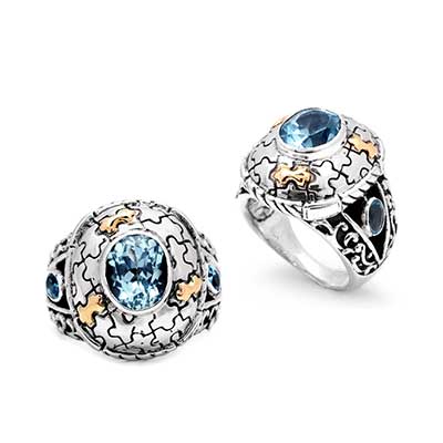 Gold & Silver bracelet, scale dragon chain round 6mm, spring lock with 18K gold hammer motif and white topaz pave stones