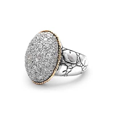 Gold & Silver bracelet, scale dragon chain round 6mm, spring lock with 18K gold hammer motif and white topaz pave stones