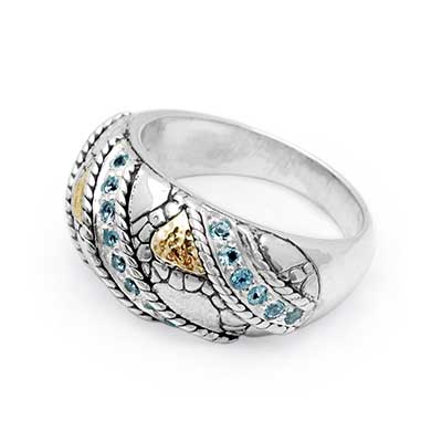 Gold & Silver bracelet, scale dragon chain round 6mm, spring lock with 18K gold hammer motif and white topaz pave stones