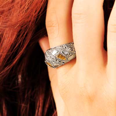 Gold & Silver bracelet, scale dragon chain round 6mm, spring lock with 18K gold hammer motif and white topaz pave stones