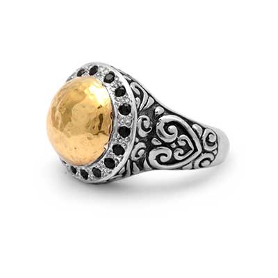 Gold & Silver bracelet, scale dragon chain round 6mm, spring lock with 18K gold hammer motif and white topaz pave stones