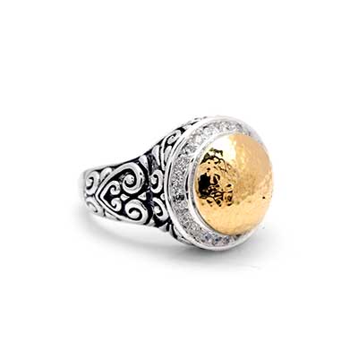 Gold & Silver bracelet, scale dragon chain round 6mm, spring lock with 18K gold hammer motif and white topaz pave stones