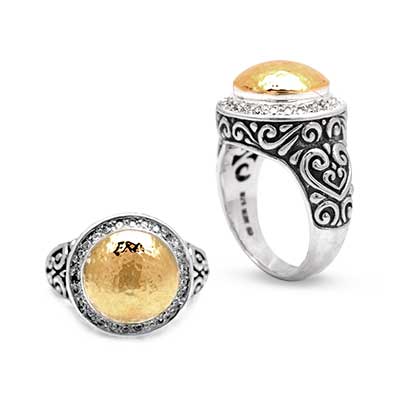 Gold & Silver bracelet, scale dragon chain round 6mm, spring lock with 18K gold hammer motif and white topaz pave stones