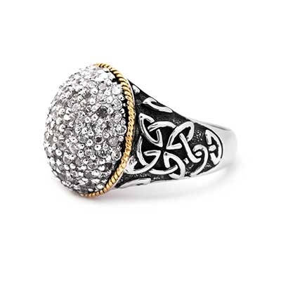 Gold & Silver bracelet, scale dragon chain round 6mm, spring lock with 18K gold hammer motif and white topaz pave stones