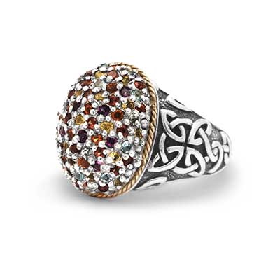 Gold & Silver bracelet, scale dragon chain round 6mm, spring lock with 18K gold hammer motif and white topaz pave stones