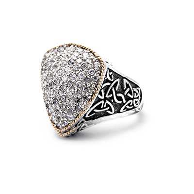 Gold & Silver bracelet, scale dragon chain round 6mm, spring lock with 18K gold hammer motif and white topaz pave stones