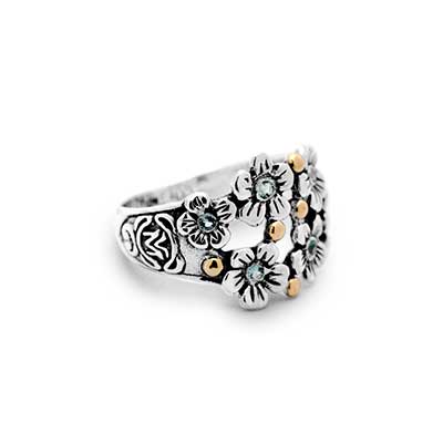 Gold and Silver ring with blue topaz sky 1.5 mm round, Bali Motif