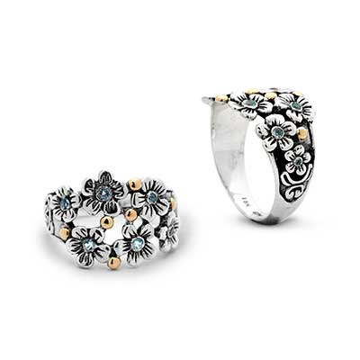 Gold and Silver ring with blue topaz sky 1.5 mm round, Bali Motif