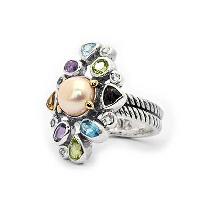 Gold & Silver bracelet, scale dragon chain round 6mm, spring lock with 18K gold hammer motif and white topaz pave stones