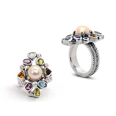 Gold & Silver bracelet, scale dragon chain round 6mm, spring lock with 18K gold hammer motif and white topaz pave stones